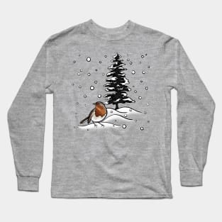 Robin and Snow Covered Trees Digital Illustration Long Sleeve T-Shirt